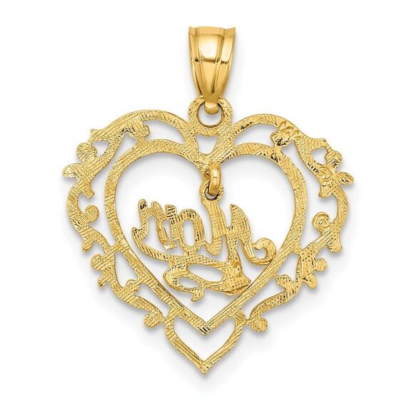 14k Yellow Gold Polished MOM Dangle in Fancy Heart Pendant